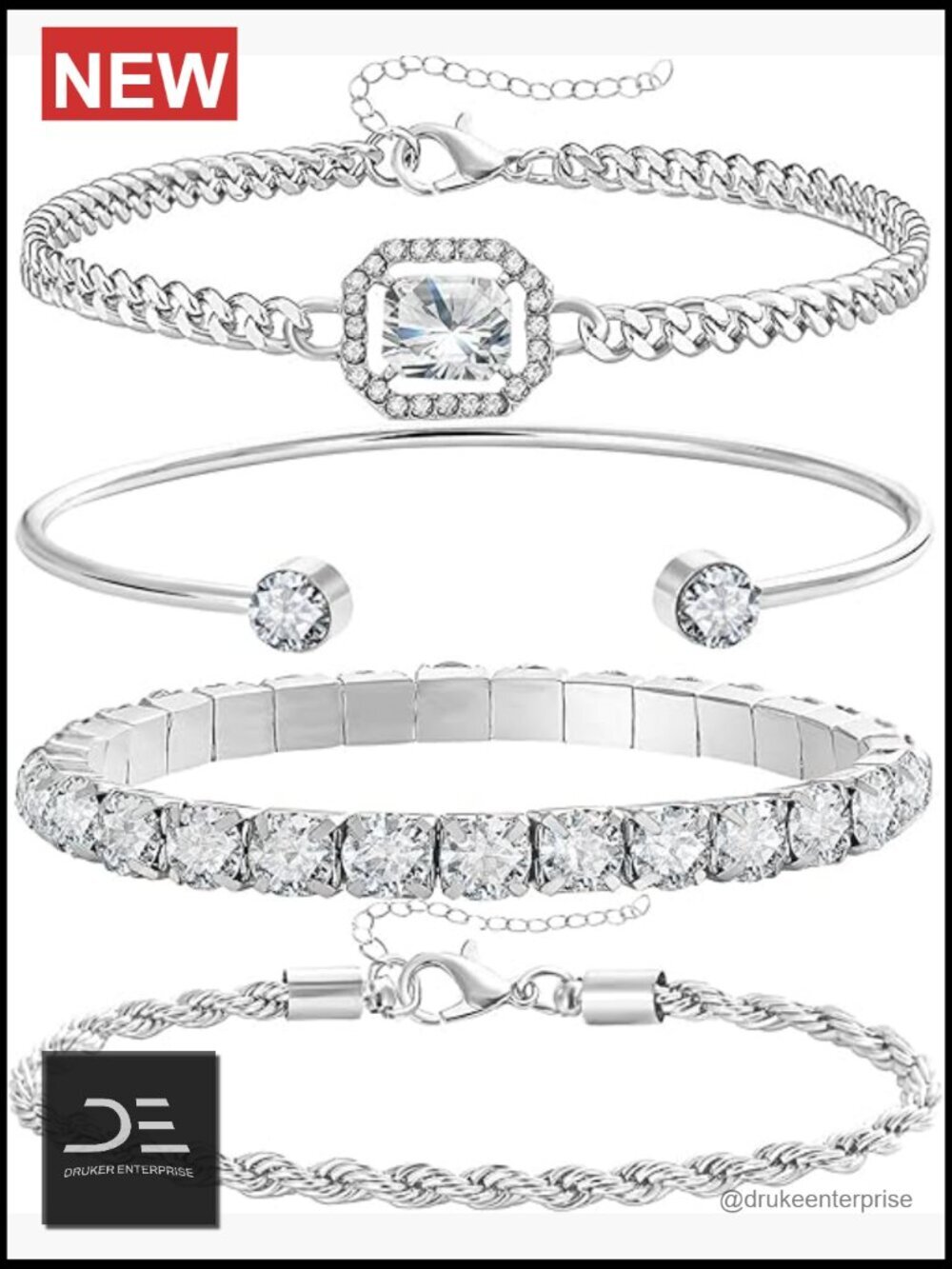 4 Pcs Dainty Silver Bracelets Set 14K Plated Link Cubic Zirconia Layering Chain